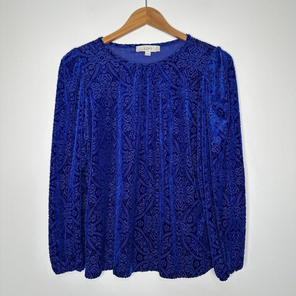 Loft Velvet Burnout Puff Sleeve Blouse Blue Mosaic Size XS‎
